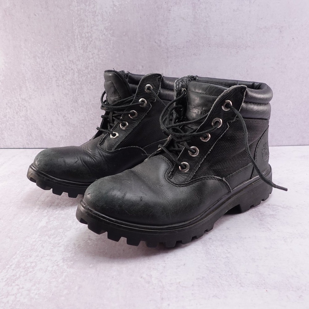 Timberland Mens 6228R Black Leather Mesh Field Boots Size 7M Lug Sole Distressed